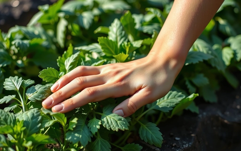 A close-up shot of a hand gently tending to vibrant, healthy herbs in a sustainable organic garden, emphasizing care and natural growth.