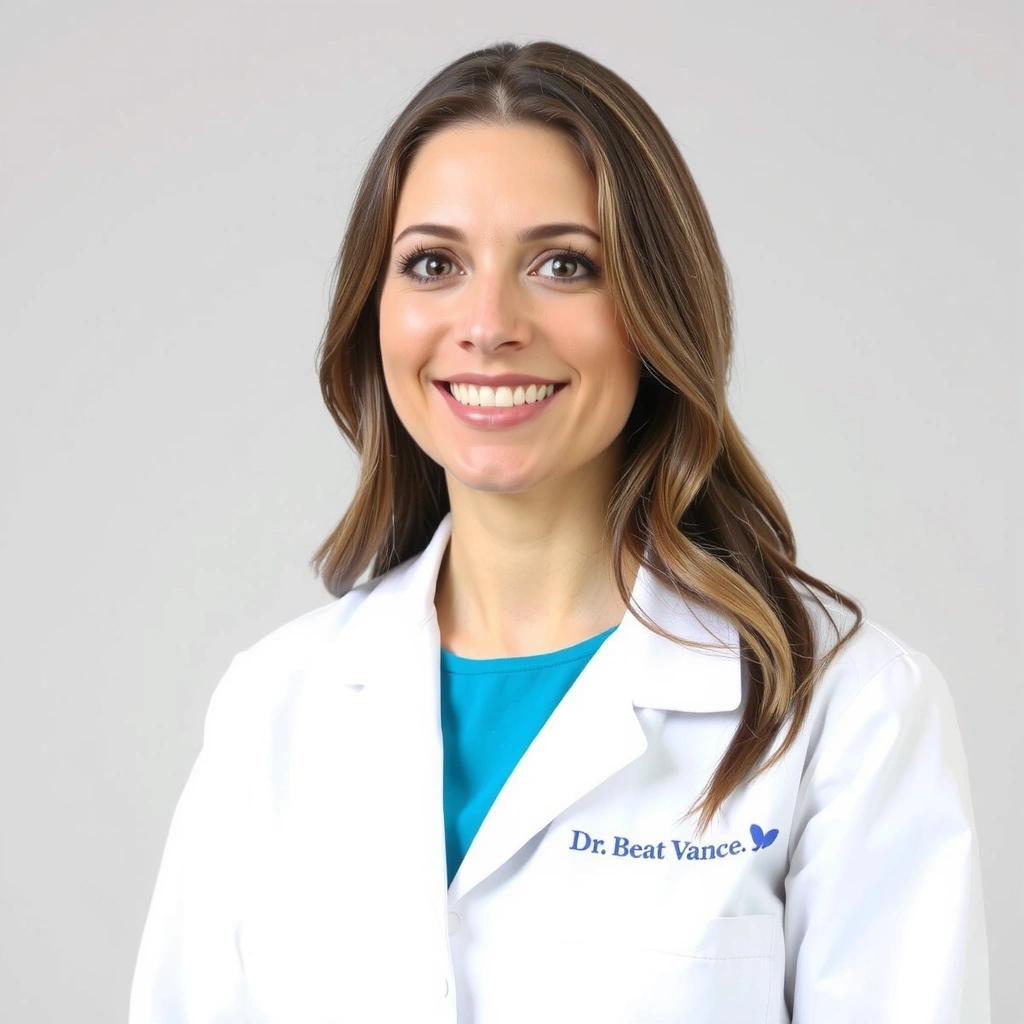 Professional headshot of Dr. Eleanor Vance, a smiling woman with neat brown hair and kind eyes, wearing a lab coat.