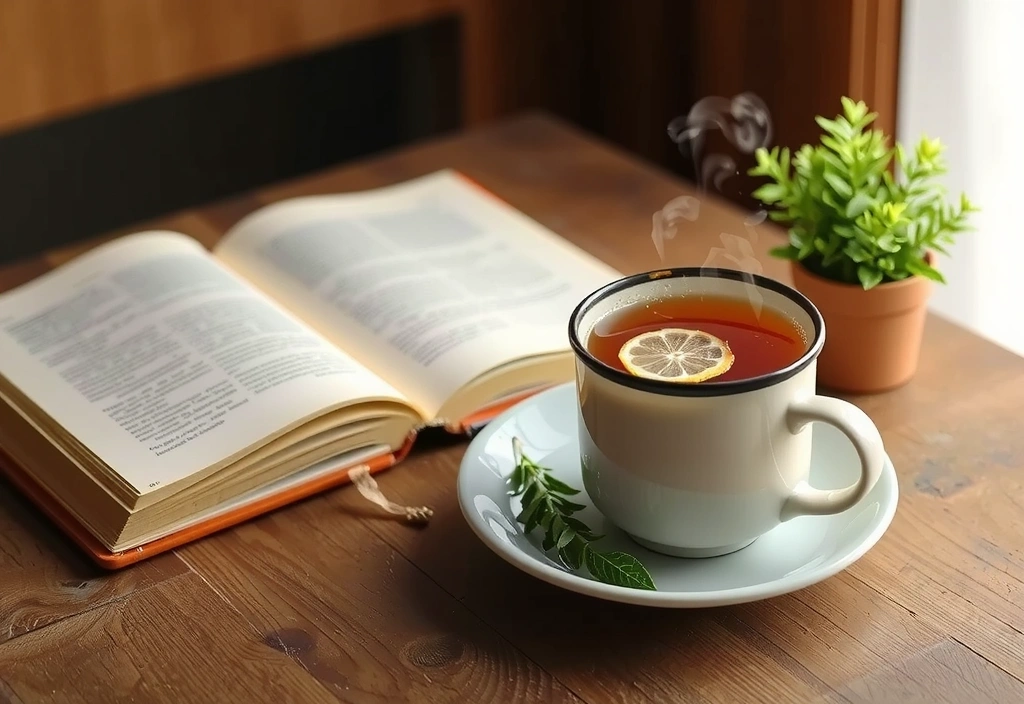 A cup of herbal tea with steam rising, next to a book and a plant, creating a cozy atmosphere.