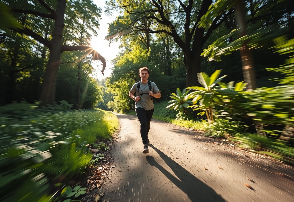 A person enjoying an outdoor walk in a lush forest, symbolizing connection with nature.