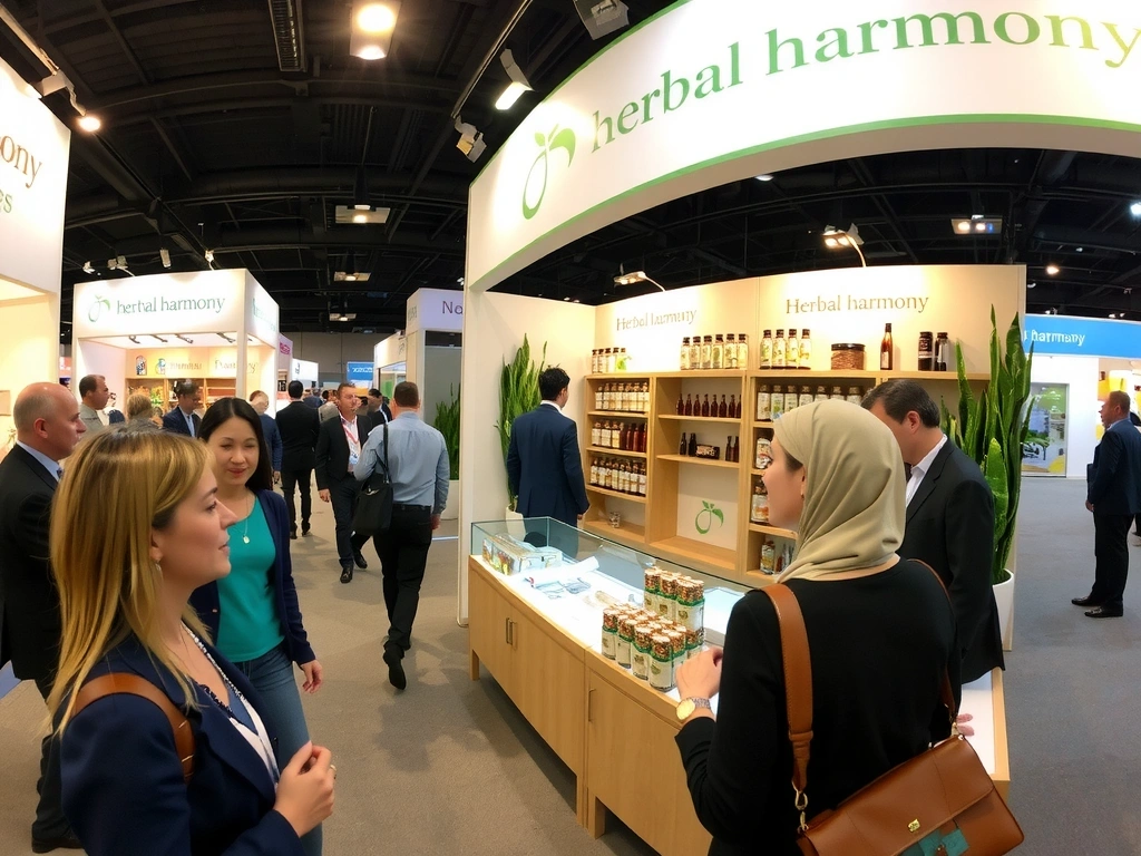 A bustling booth at a natural health expo, showcasing Herbal Harmony UK products.