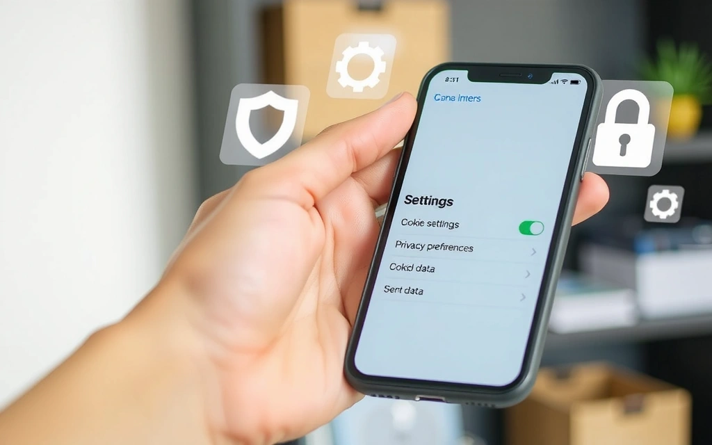 A hand holding a smartphone showing cookie settings, with privacy icons floating around