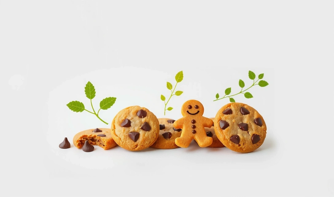 Assortment of digital cookies with a transparent overlay of a leafy herbal pattern