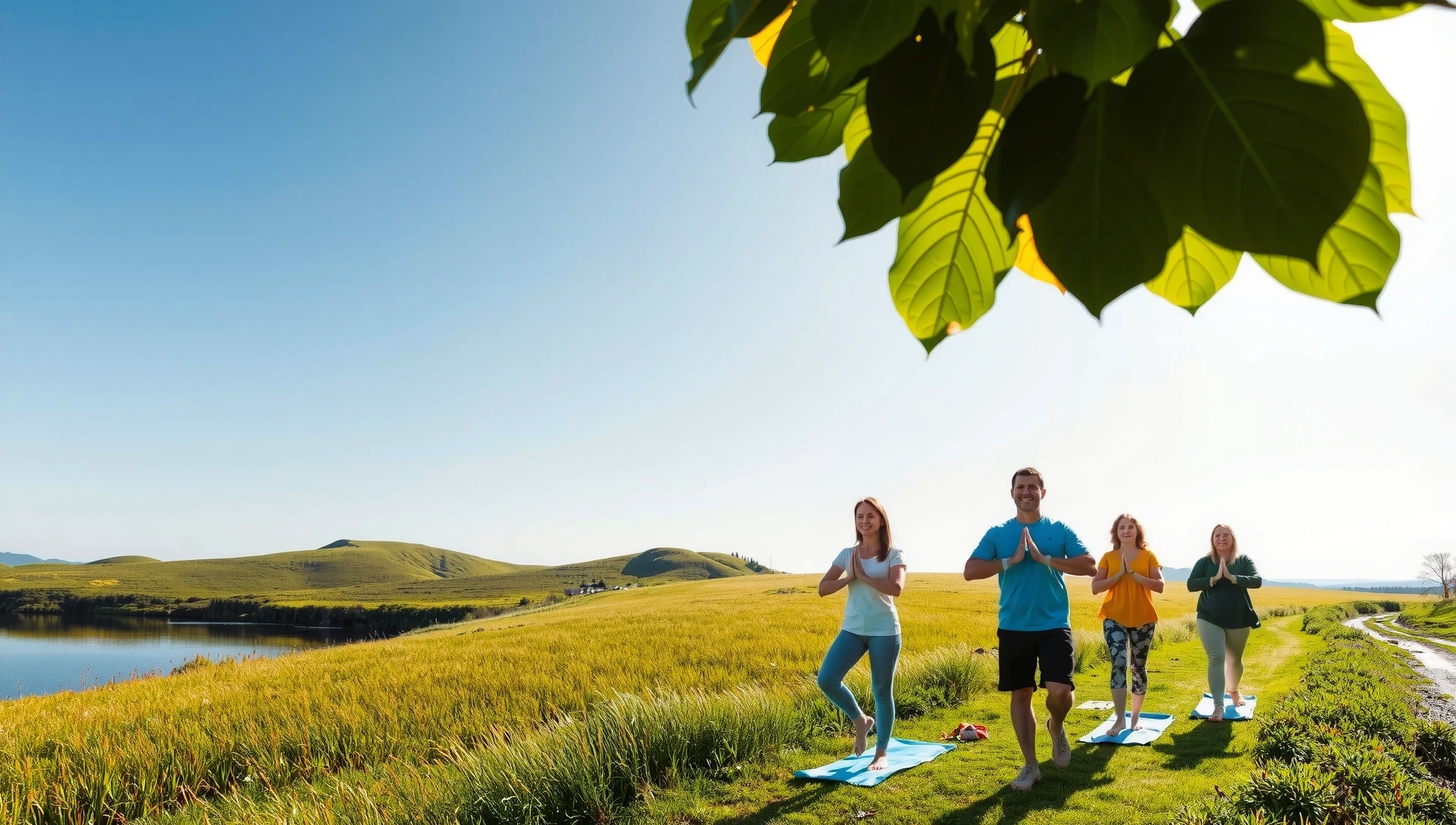 Lush green landscape with serene lake and happy, healthy individuals enjoying nature