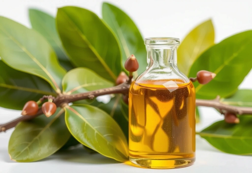 A small glass bottle of golden Jojoba oil next to a branch of Jojoba plant with seeds.
