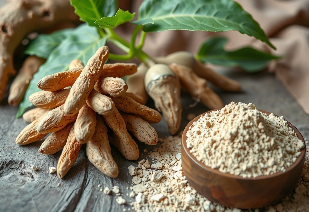 A pile of dried Maca roots and a bowl of Maca powder, with a fresh Maca plant in the background, showing its raw and processed forms.