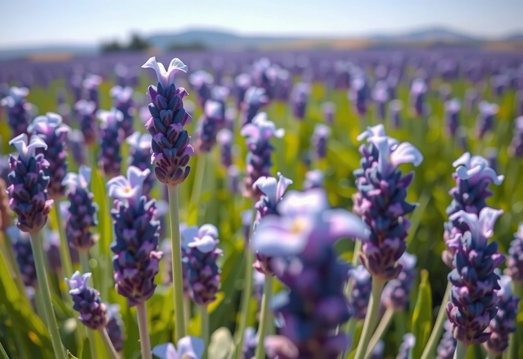 A close-up of vibrant purple lavender flowers in a field under soft sunlight, evoking peace and tranquility.