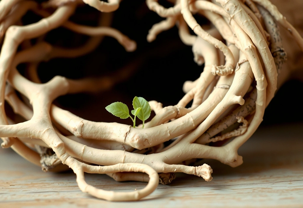 An intricately detailed Ginseng root with small, delicate leaves and earthy tones, highlighting its natural strength.