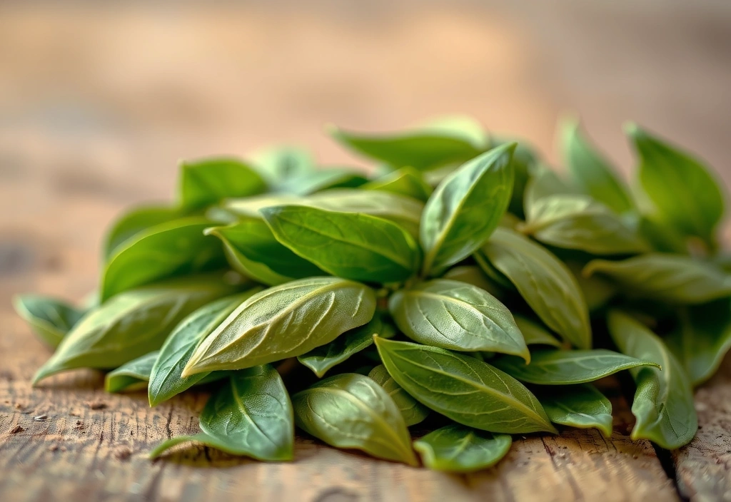 Freshly picked green tea leaves on a wooden surface, with steam gently rising, suggesting freshness and natural goodness.