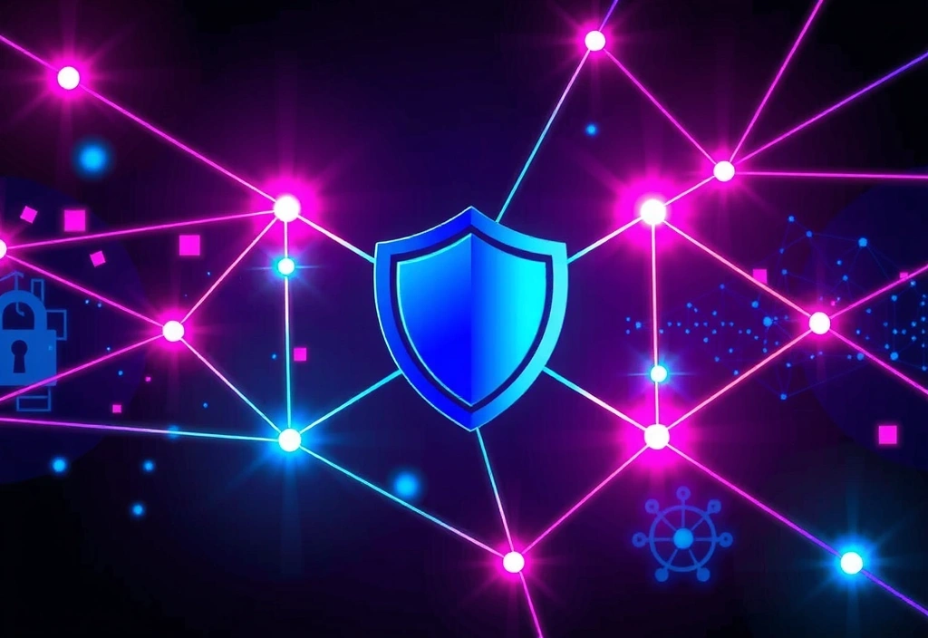 Illustration of digital security with a shield icon and network lines