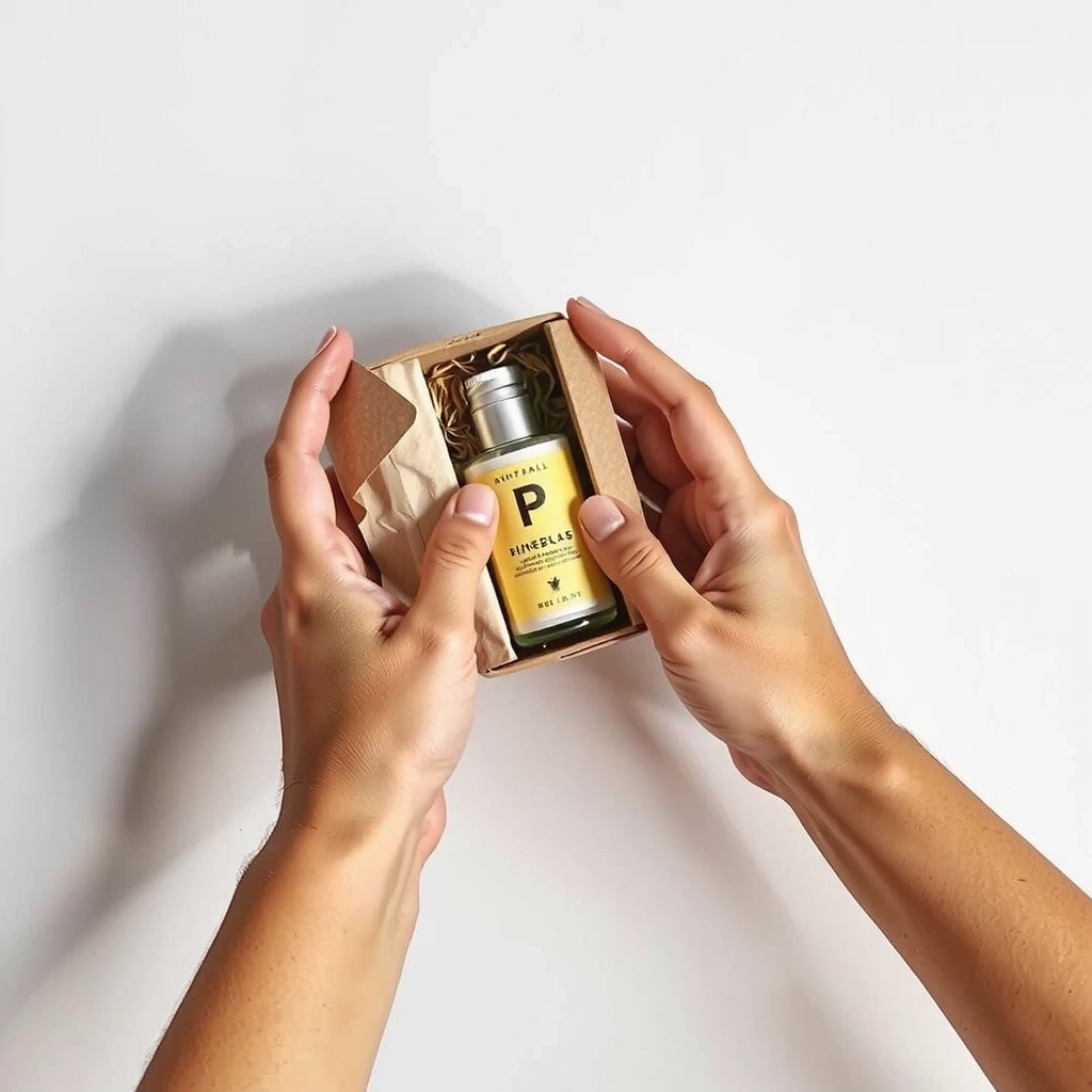 A pair of hands carefully packaging a herbal product, highlighting artisanal craftsmanship.