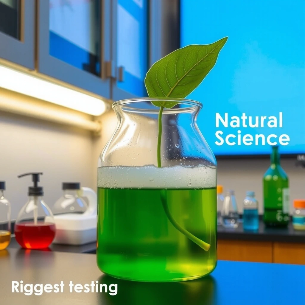 A scientific beaker with bubbling liquid and a plant leaf, representing rigorous testing.