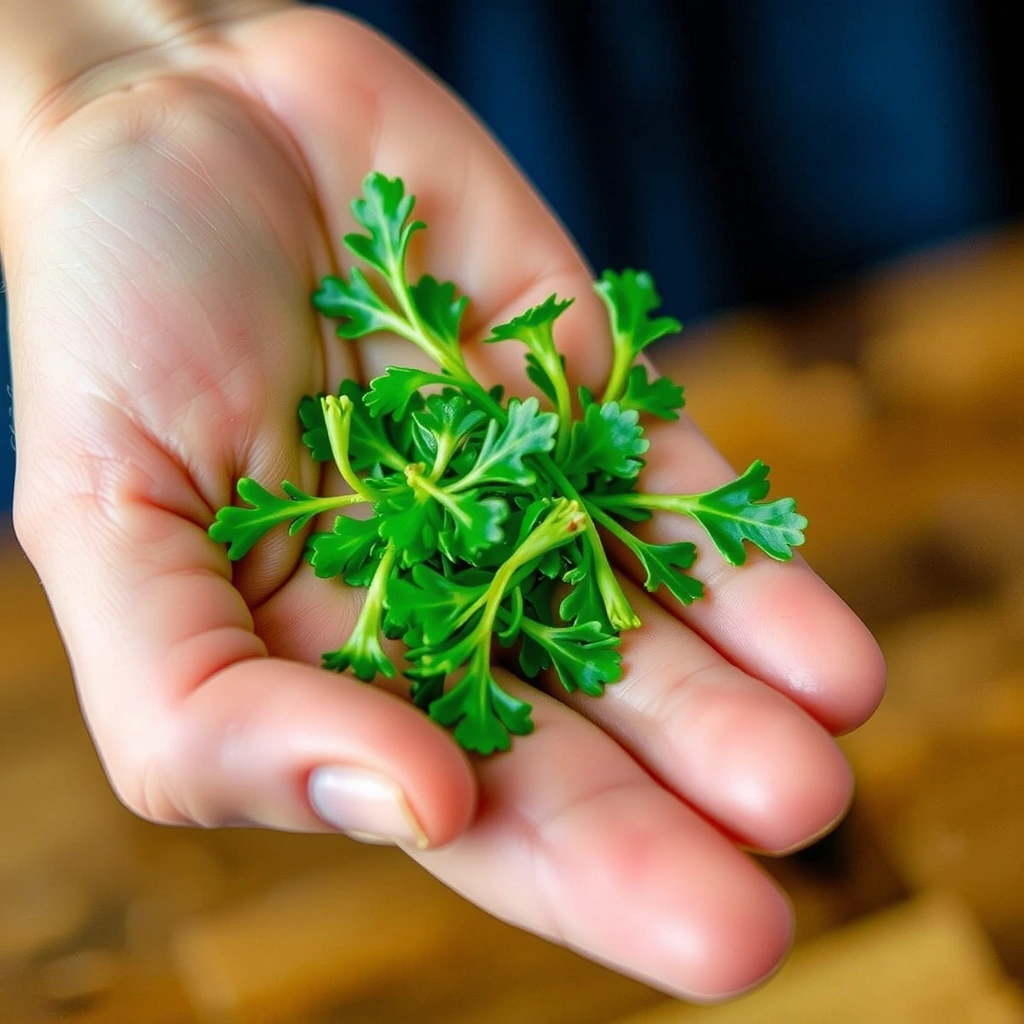 A hand holding a sprig of fresh, vibrant green herbs, symbolizing natural ingredients.