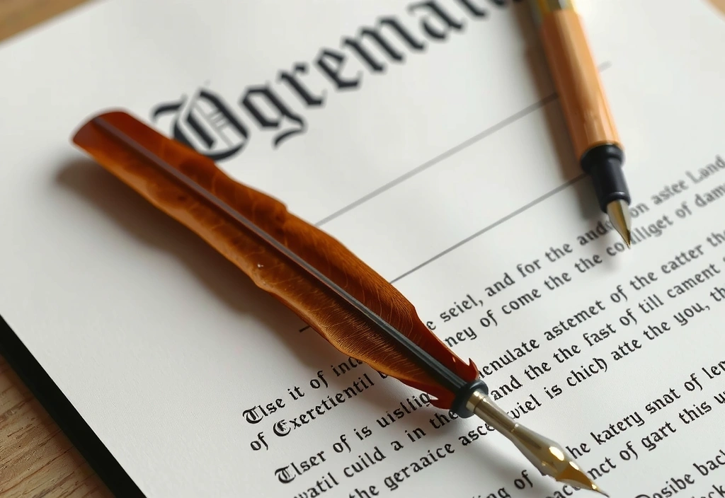 Legal document with a quill pen and ink, symbolizing agreement and formal terms.