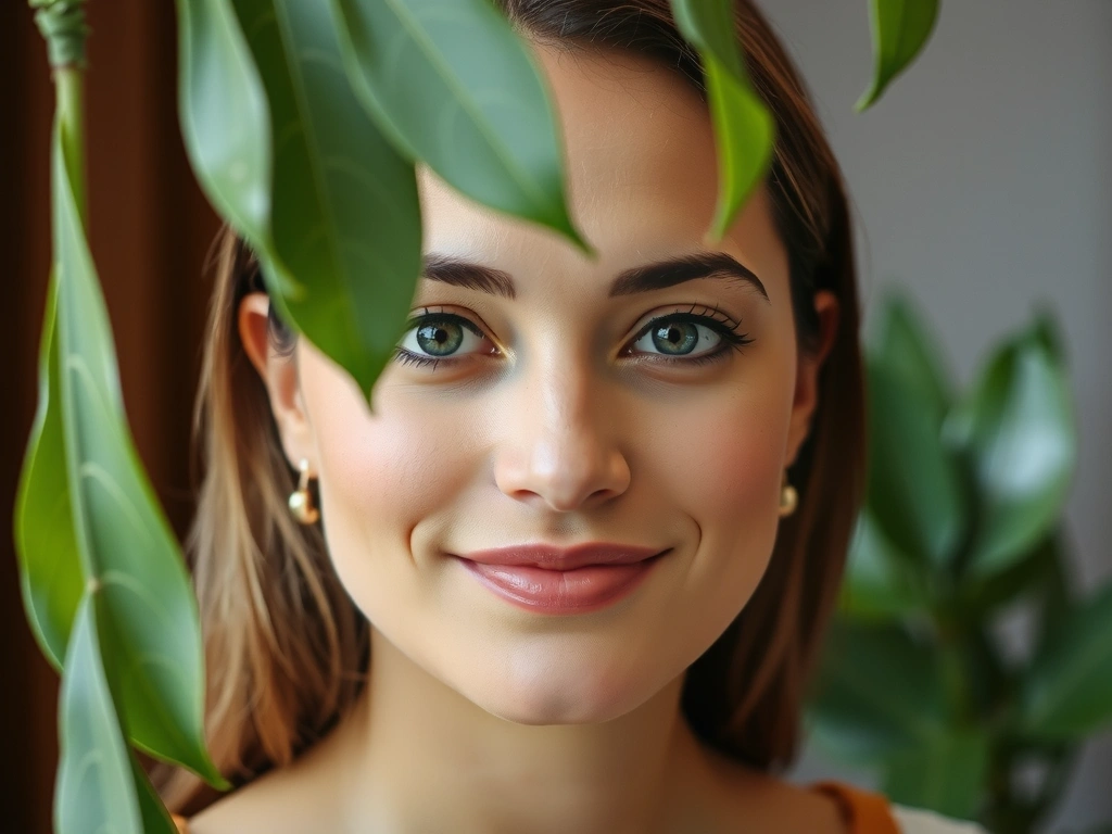 A serene woman with radiant, healthy skin amidst lush green botanicals, embodying natural beauty and wellness.