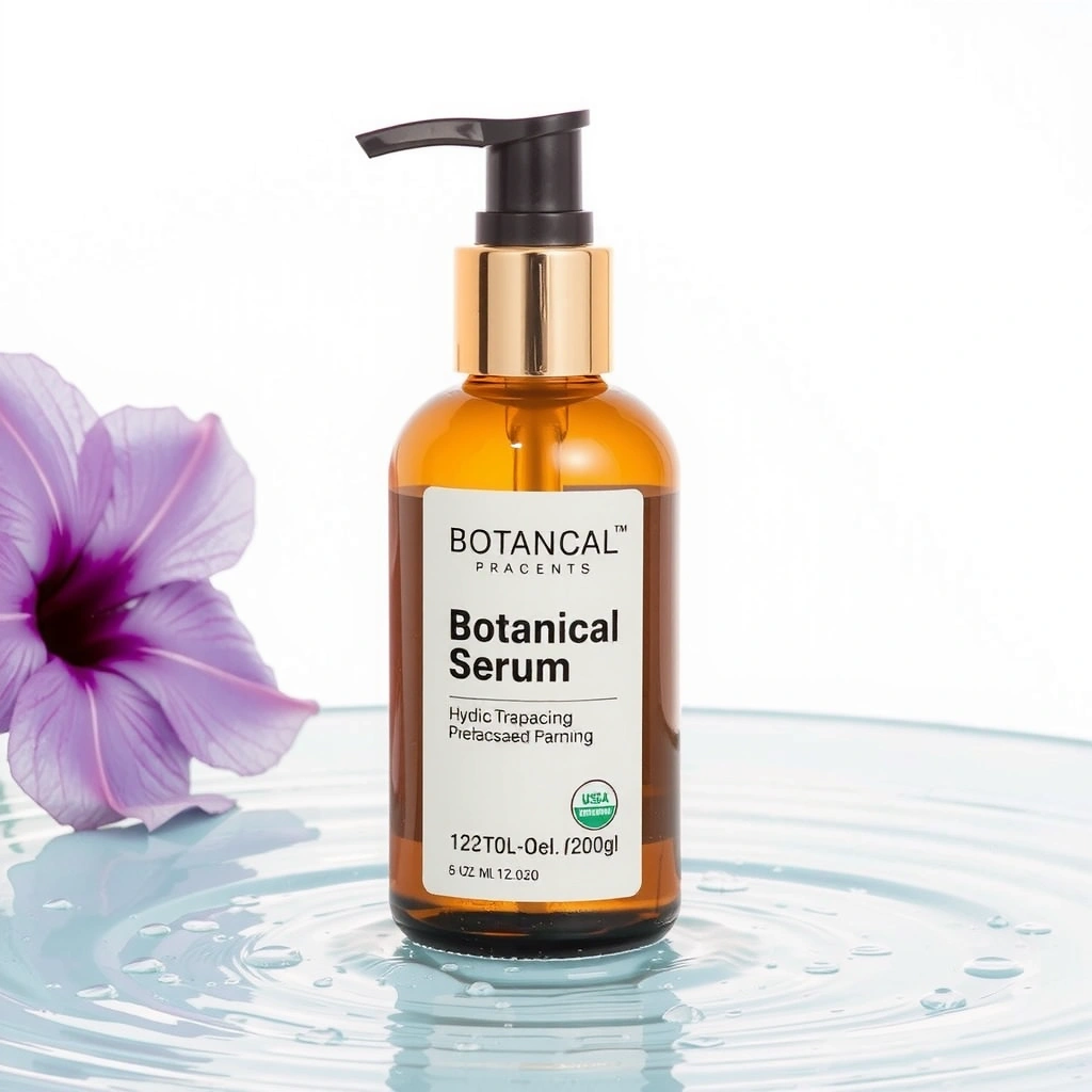 Airy pump bottle of a botanical serum with water droplets.