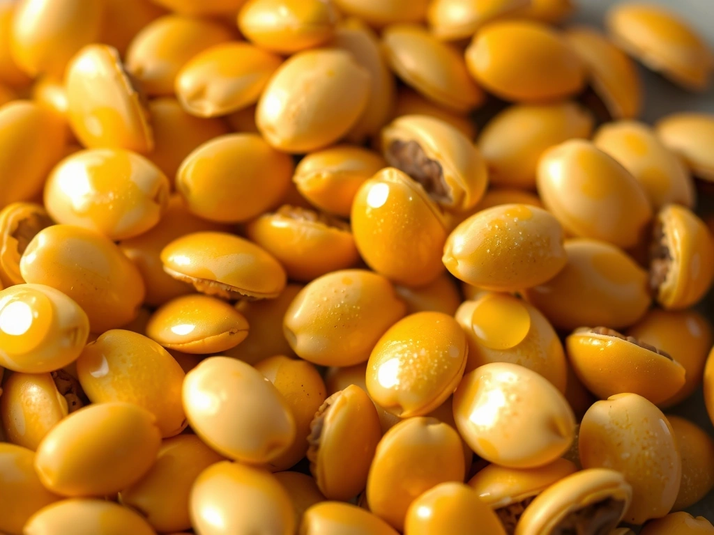 Golden jojoba seeds and oil droplets.